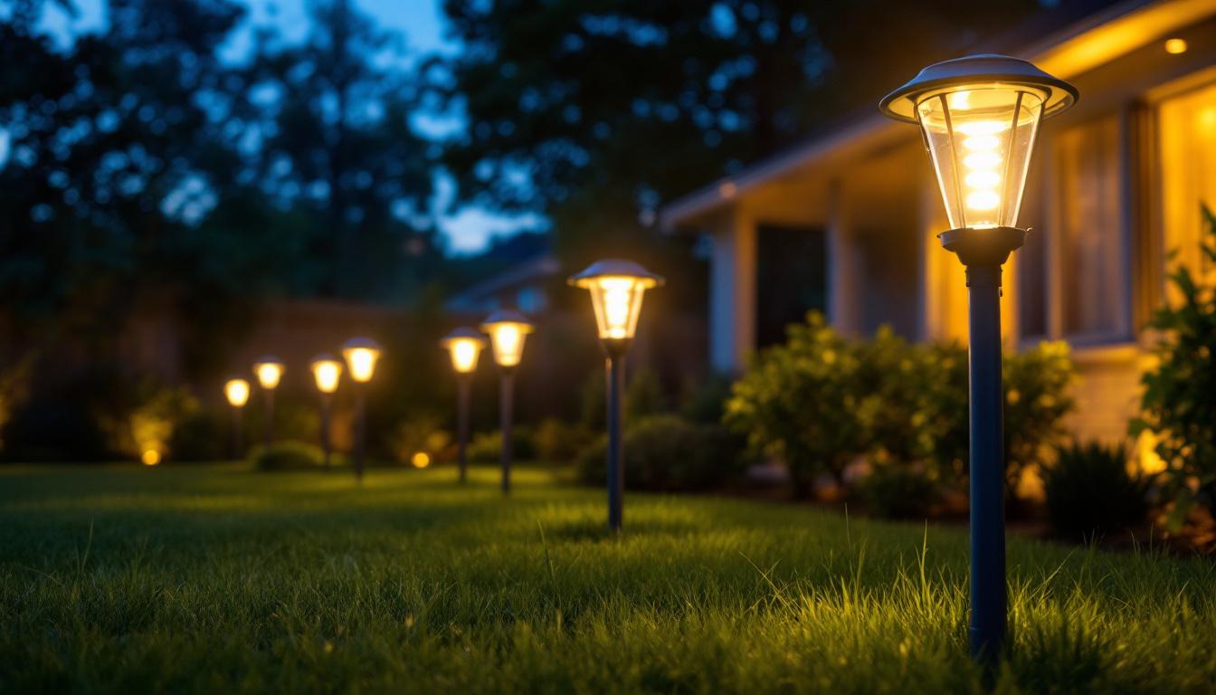 A photograph of a well-lit backyard featuring various solar lights in use