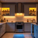 A photograph of a beautifully designed kitchen featuring various under counter lighting options