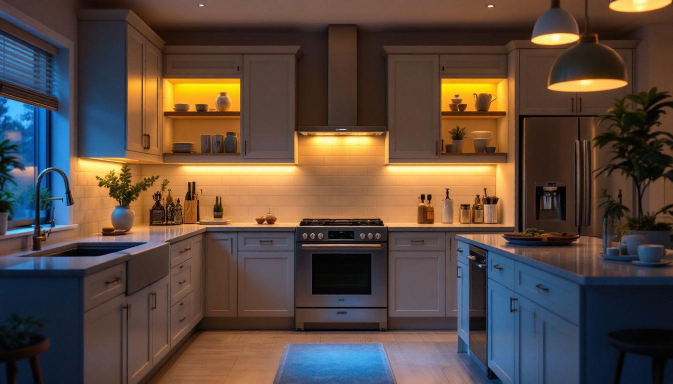 A photograph of a beautifully designed kitchen featuring various under counter lighting options