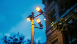 A photograph of a sturdy 16 ft metal pole installed in a well-lit outdoor setting