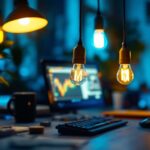 A photograph of a well-lit workspace featuring four prong light bulbs in use