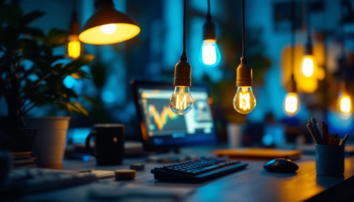 A photograph of a well-lit workspace featuring four prong light bulbs in use