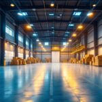 A photograph of a well-lit commercial warehouse interior showcasing efficient lighting installations