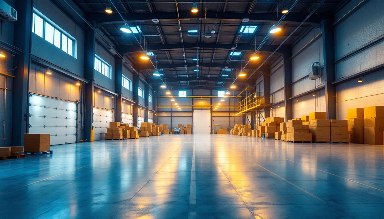 A photograph of a well-lit commercial warehouse interior showcasing efficient lighting installations