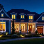 A photograph of a beautifully illuminated exterior of a house showcasing strategically placed spotlights that highlight architectural features and landscaping
