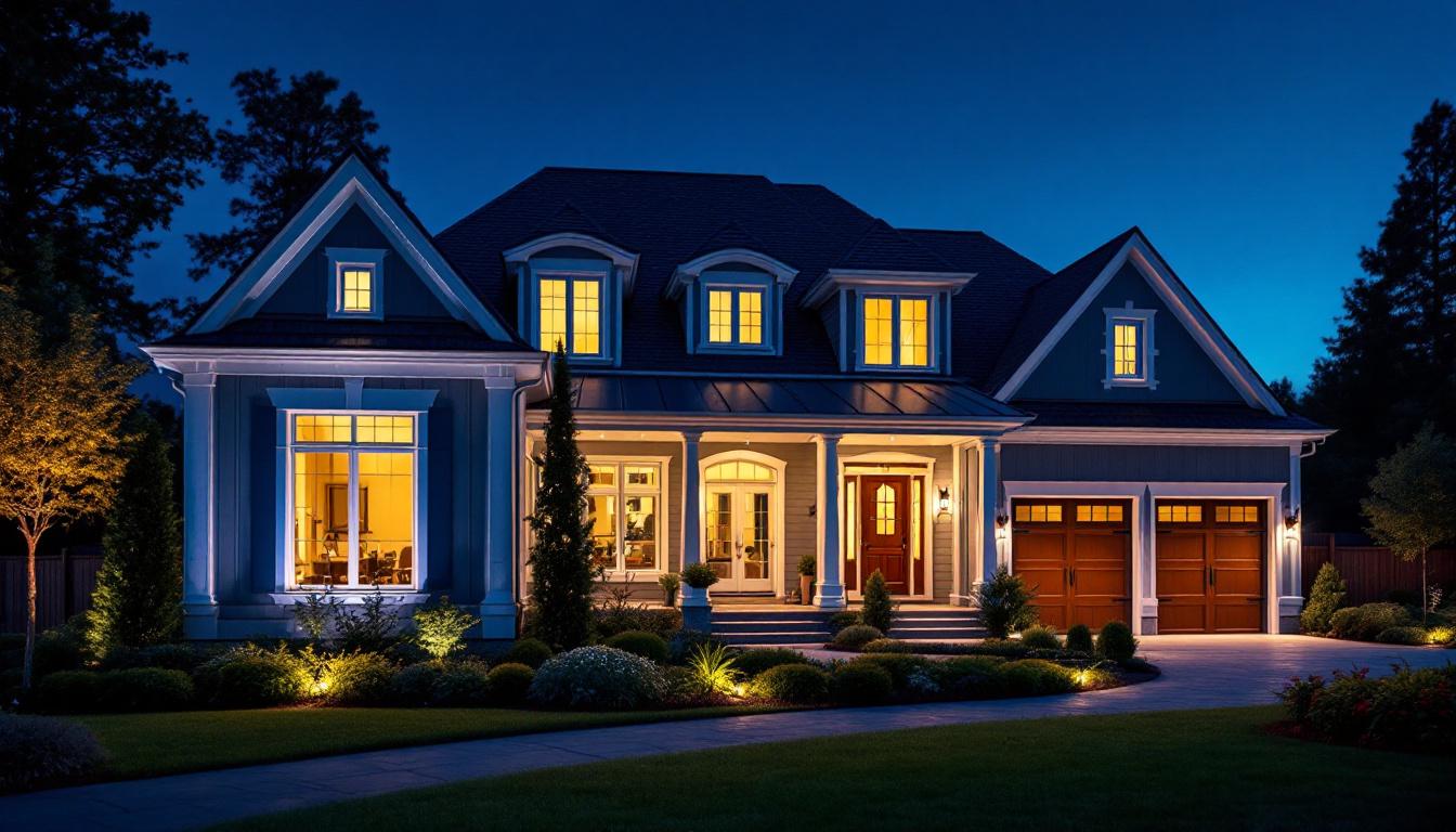 A photograph of a beautifully illuminated exterior of a house showcasing strategically placed spotlights that highlight architectural features and landscaping