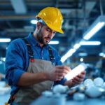 A photograph of a lighting contractor examining or installing t8 ballast bypass led bulbs in a commercial setting