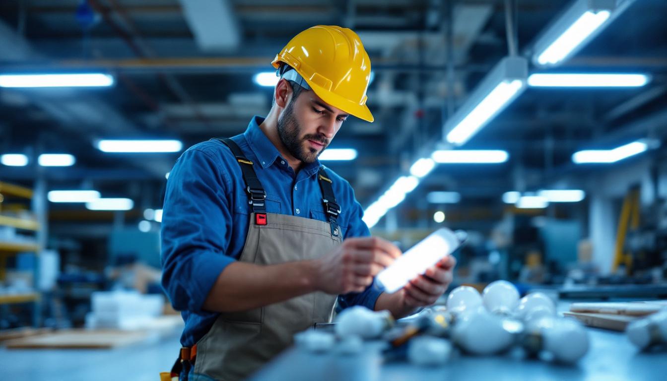 A photograph of a lighting contractor examining or installing t8 ballast bypass led bulbs in a commercial setting