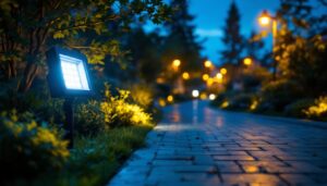 A photograph of a well-lit outdoor space showcasing various flood light bulbs in action