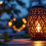 A photograph of a beautifully designed rattan solar lamp illuminated at dusk