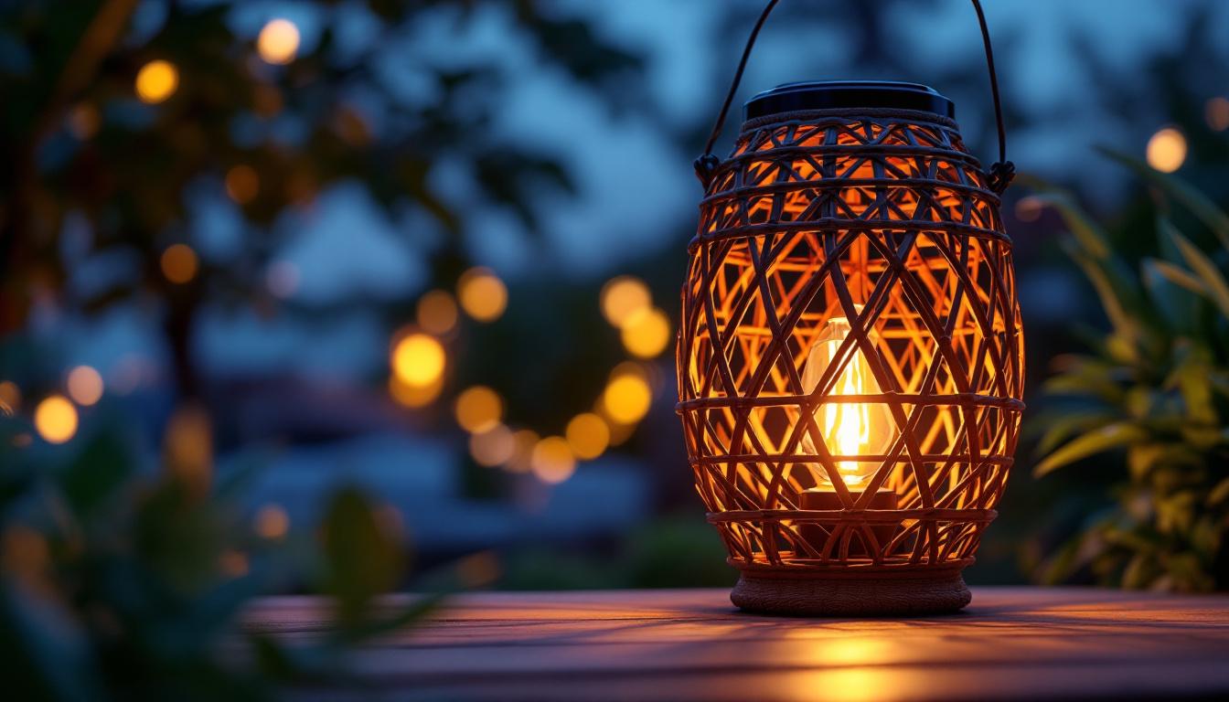 A photograph of a beautifully designed rattan solar lamp illuminated at dusk