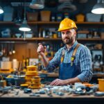 A photograph of a lighting contractor in a well-organized workshop