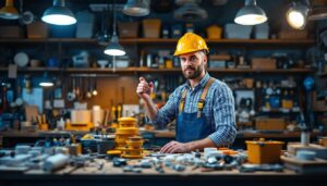 A photograph of a lighting contractor in a well-organized workshop