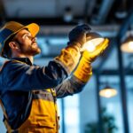 A photograph of a skilled lighting contractor installing a ul listed light fixture in a modern setting