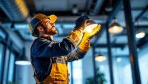 A photograph of a skilled lighting contractor installing a ul listed light fixture in a modern setting