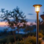 A photograph of a beautifully illuminated outdoor space featuring solar-powered post-mounted lights