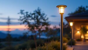 A photograph of a beautifully illuminated outdoor space featuring solar-powered post-mounted lights