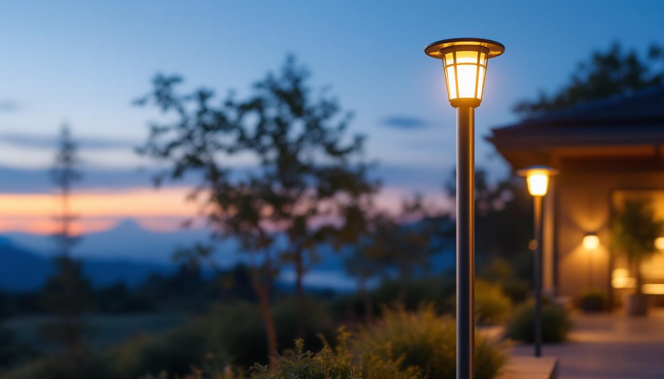 A photograph of a beautifully illuminated outdoor space featuring solar-powered post-mounted lights