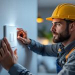 A photograph of a lighting contractor installing a modern single dimmer switch in a stylish home setting