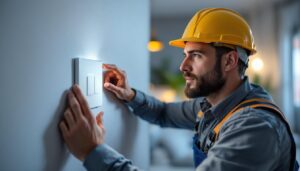 A photograph of a lighting contractor installing a modern single dimmer switch in a stylish home setting