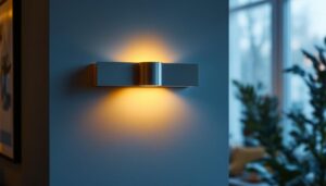 A photograph of a stylish flat wall sconce elegantly illuminated in a modern interior setting