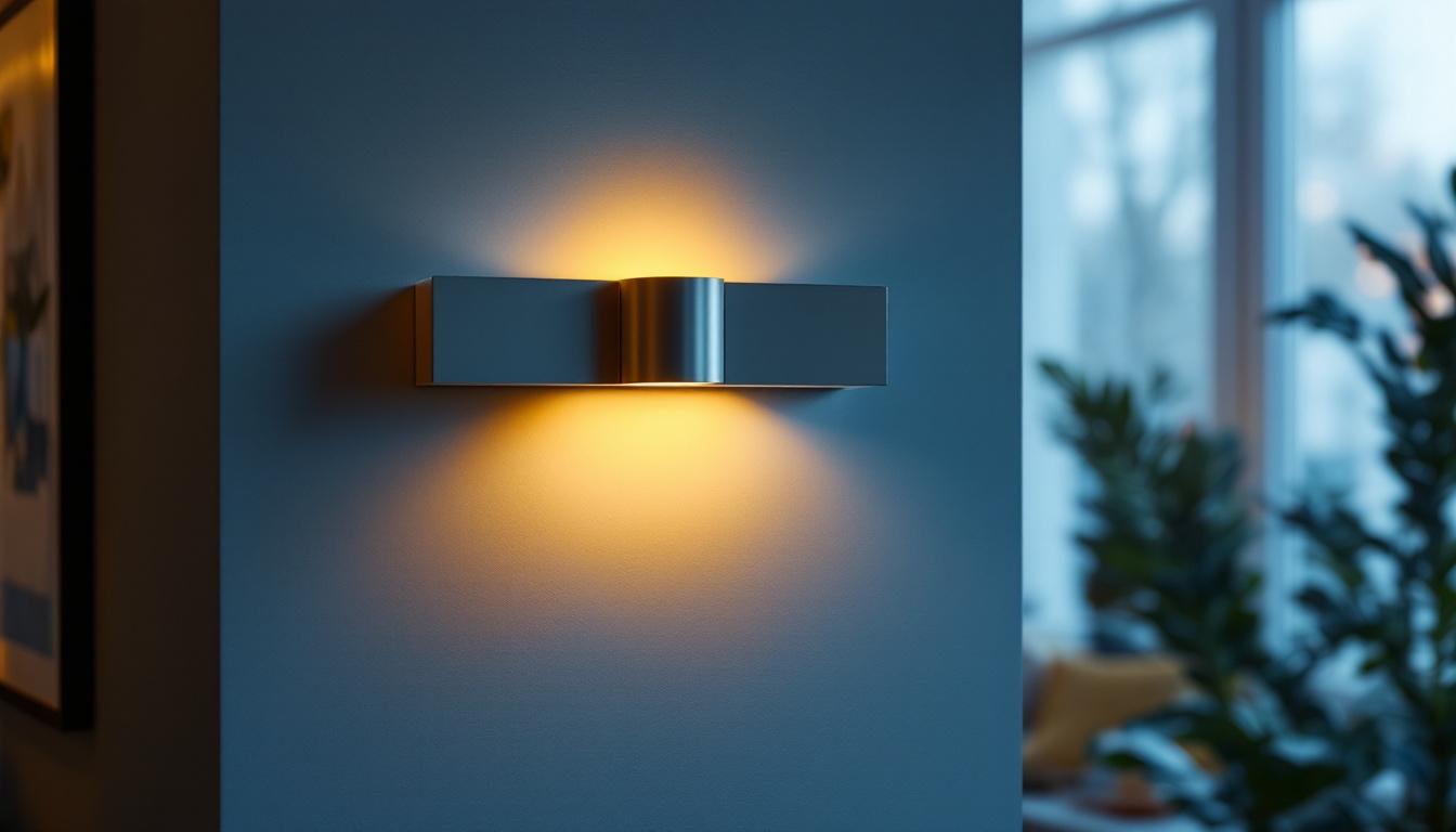 A photograph of a stylish flat wall sconce elegantly illuminated in a modern interior setting