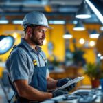 A photograph of a lighting contractor in action