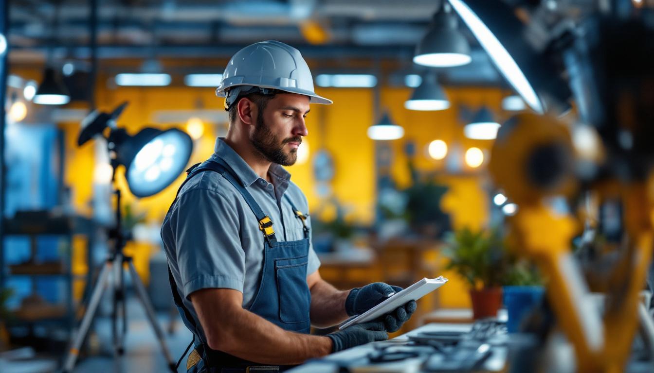 A photograph of a lighting contractor in action