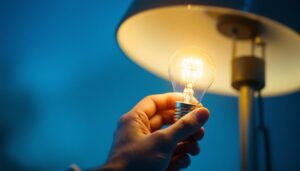 A photograph of a close-up of a hand installing a led light bulb into a modern lamp