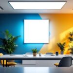 A photograph of a well-lit installation of a 2x2 led flat panel light in a modern office or commercial space
