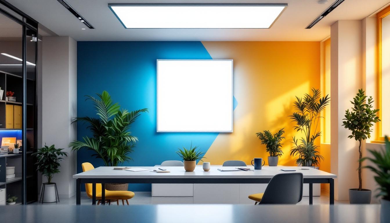 A photograph of a well-lit installation of a 2x2 led flat panel light in a modern office or commercial space