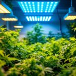 A photograph of a well-lit indoor grow space showcasing various types of grow lights in use