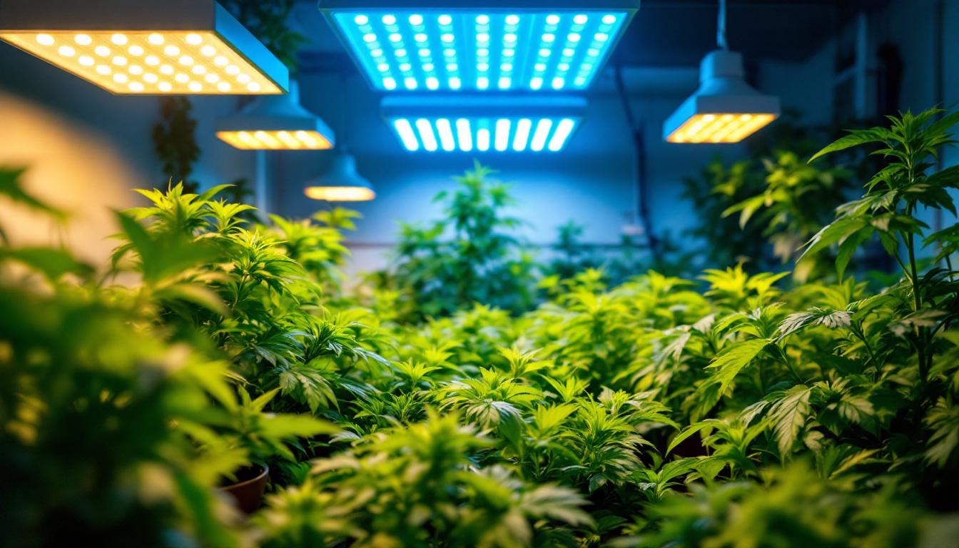 A photograph of a well-lit indoor grow space showcasing various types of grow lights in use