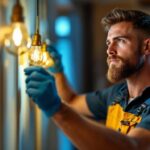 A photograph of a skilled lighting contractor at work