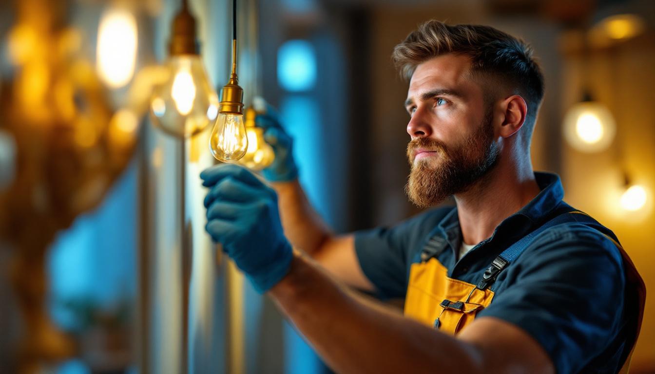 A photograph of a skilled lighting contractor at work