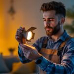 A photograph of a lighting contractor adjusting a dimmable led spotlight in a stylish interior setting