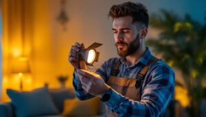 A photograph of a lighting contractor adjusting a dimmable led spotlight in a stylish interior setting