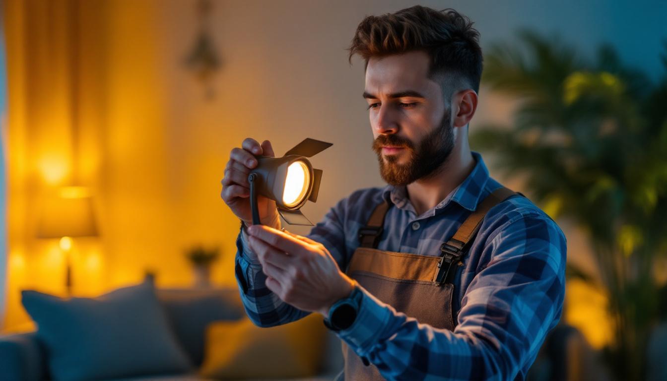 A photograph of a lighting contractor adjusting a dimmable led spotlight in a stylish interior setting