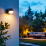 A photograph of a beautifully illuminated backyard scene at dusk