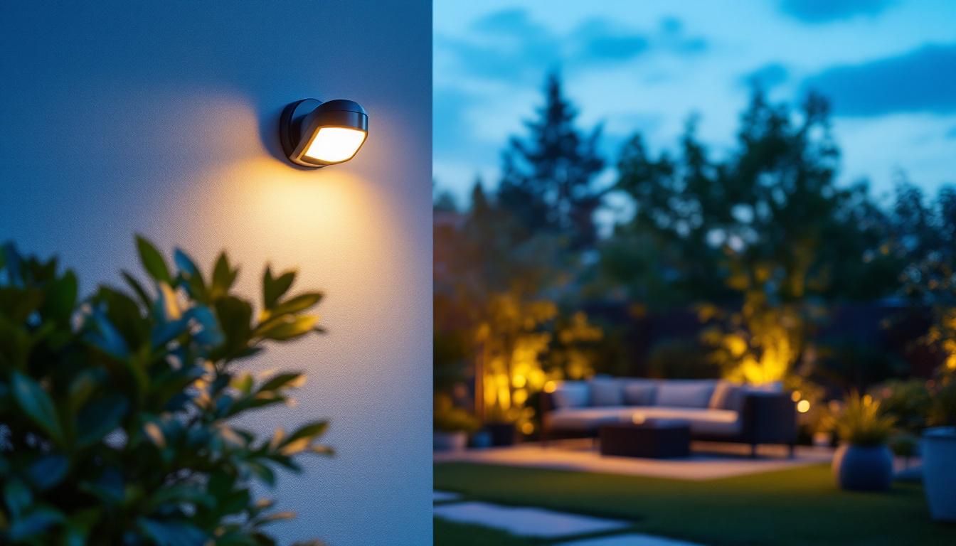 A photograph of a beautifully illuminated backyard scene at dusk