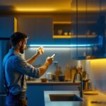 A photograph of a lighting contractor installing a cabinet led light strip in a modern kitchen