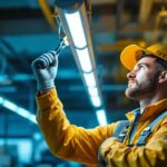 A photograph of a lighting contractor efficiently replacing fluorescent tubes with led lights in a commercial setting