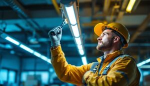 A photograph of a lighting contractor efficiently replacing fluorescent tubes with led lights in a commercial setting
