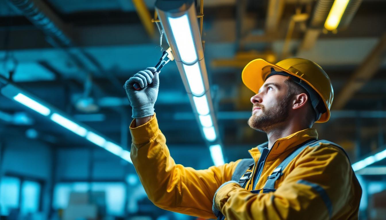 A photograph of a lighting contractor efficiently replacing fluorescent tubes with led lights in a commercial setting