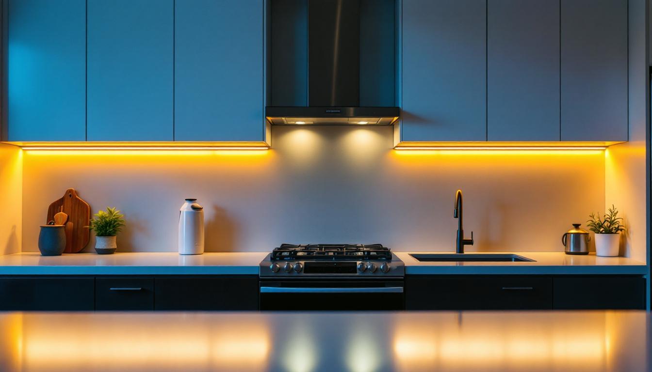 A photograph of a beautifully designed kitchen featuring under counter led tape lights illuminating the workspace