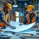 A photograph of a lighting contractor reviewing project plans on a construction site