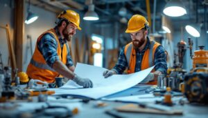 A photograph of a lighting contractor reviewing project plans on a construction site