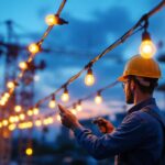A photograph of a lighting contractor expertly installing vibrant construction light strings at a job site during dusk