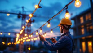 A photograph of a lighting contractor expertly installing vibrant construction light strings at a job site during dusk