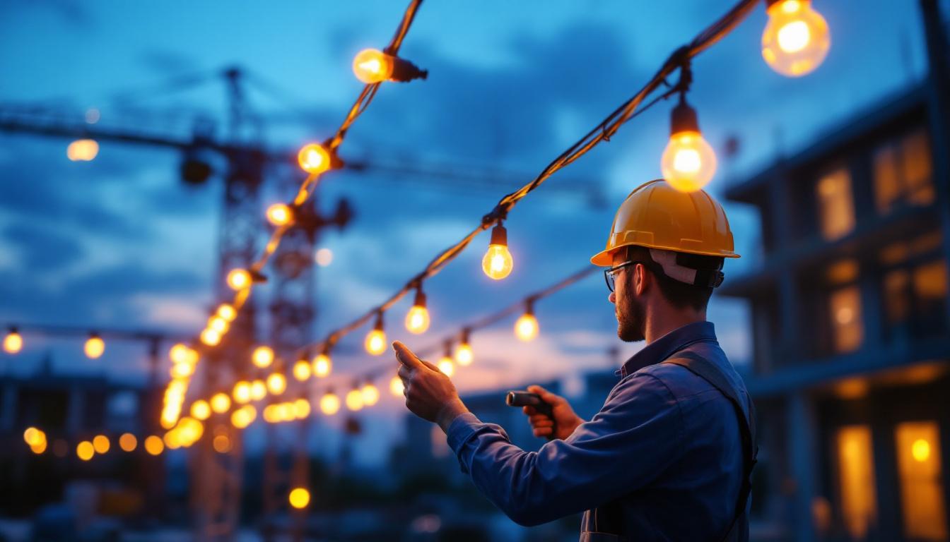 A photograph of a lighting contractor expertly installing vibrant construction light strings at a job site during dusk